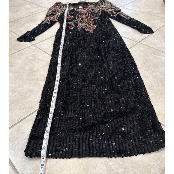 VTG 90s‎ Niteline Dress Women Sz 6 Black Silk All Sequin Floral Beaded Maxi Gown - Picture 10 of 14